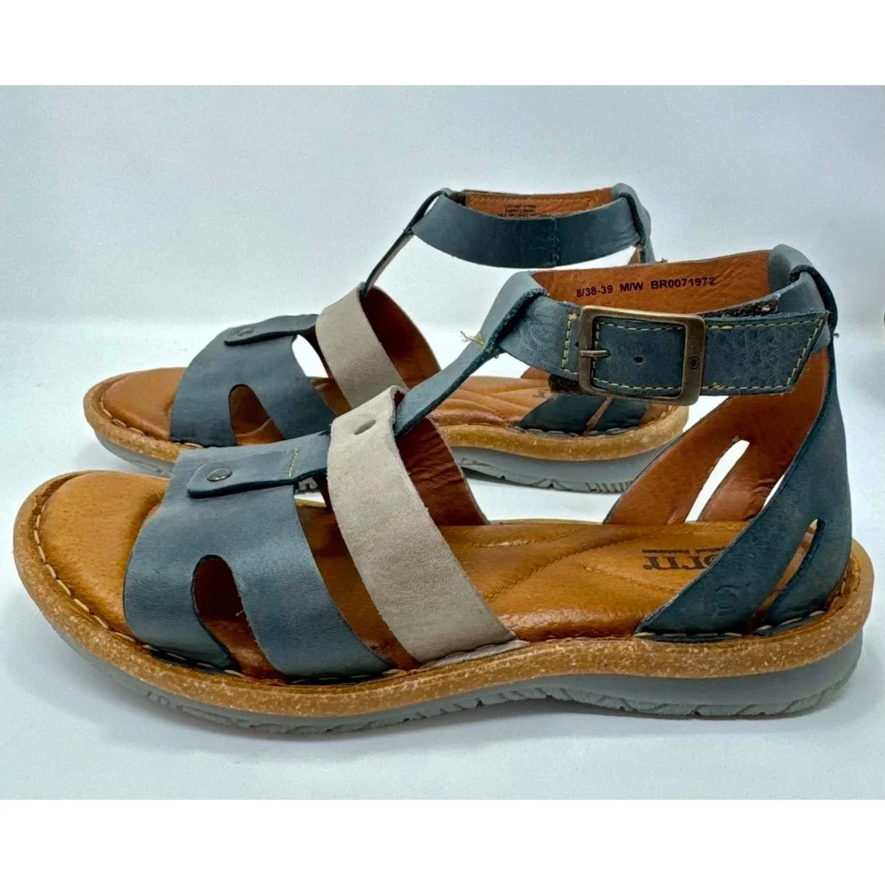 Born Tropi Sandals Womens Size 8 38-39 Leather Gladiator Blue Taupe Ankle Strap